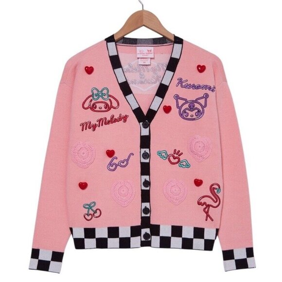 Sanrio My Melody & Kuromi Diner Icons Women's Cardigan Pink Embroidered Size XL - Picture 2 of 8